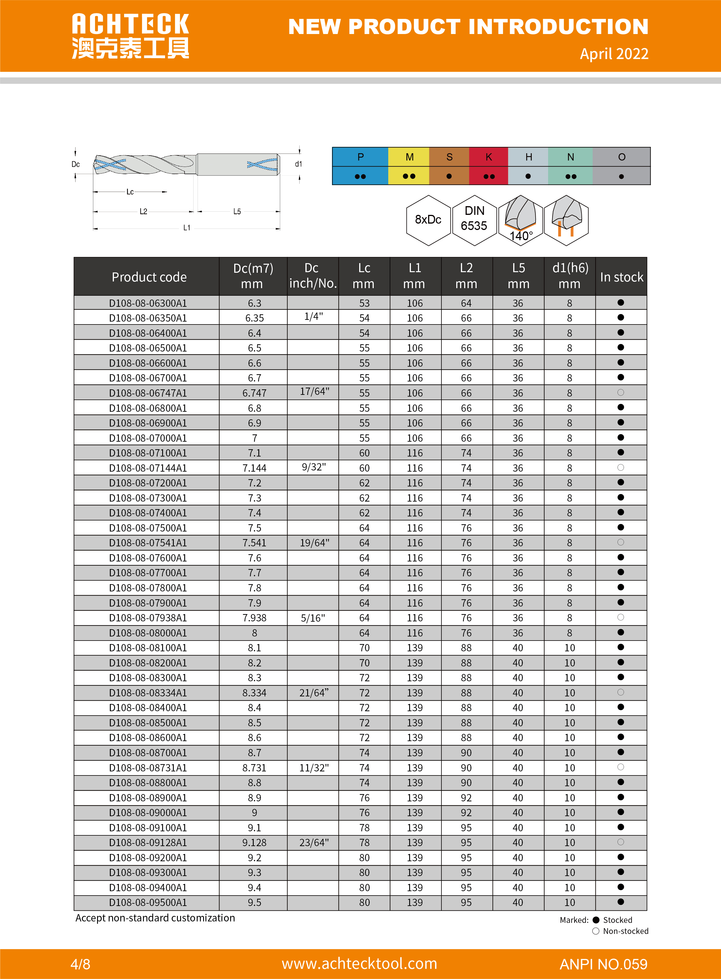 D108 Series Universal 8xDc Solid Carbide Drill